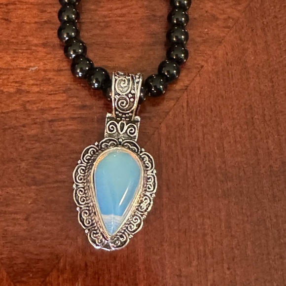 Blue Milky Opal, Simulated, Silver Plated Pendant, Black Beaded Boho Necklace - Picture 9 of 11